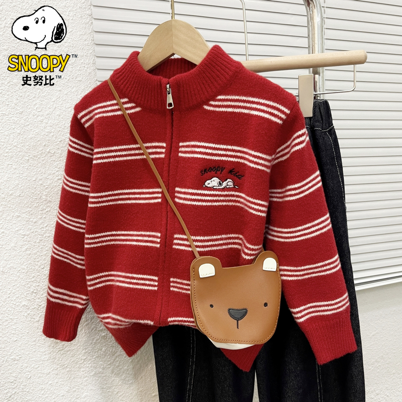 Snoopy/史努比红色毛衣男女童秋冬儿童针织开衫洋气宝宝外套时尚