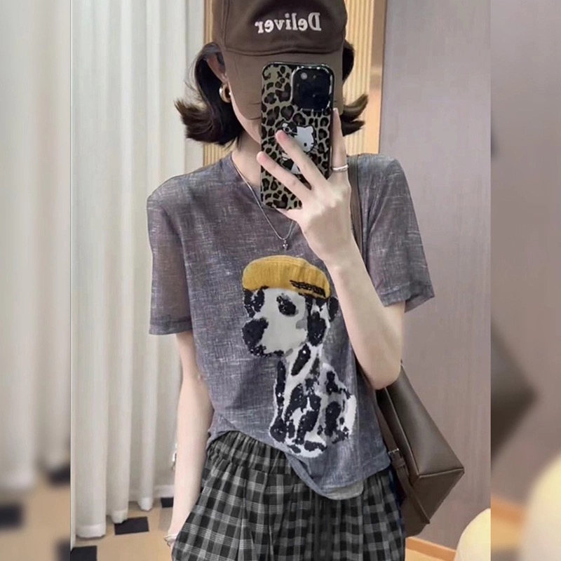【小熊】-春夏''斑点狗‘’亮片设计感百搭T恤女显瘦减龄短袖32805
