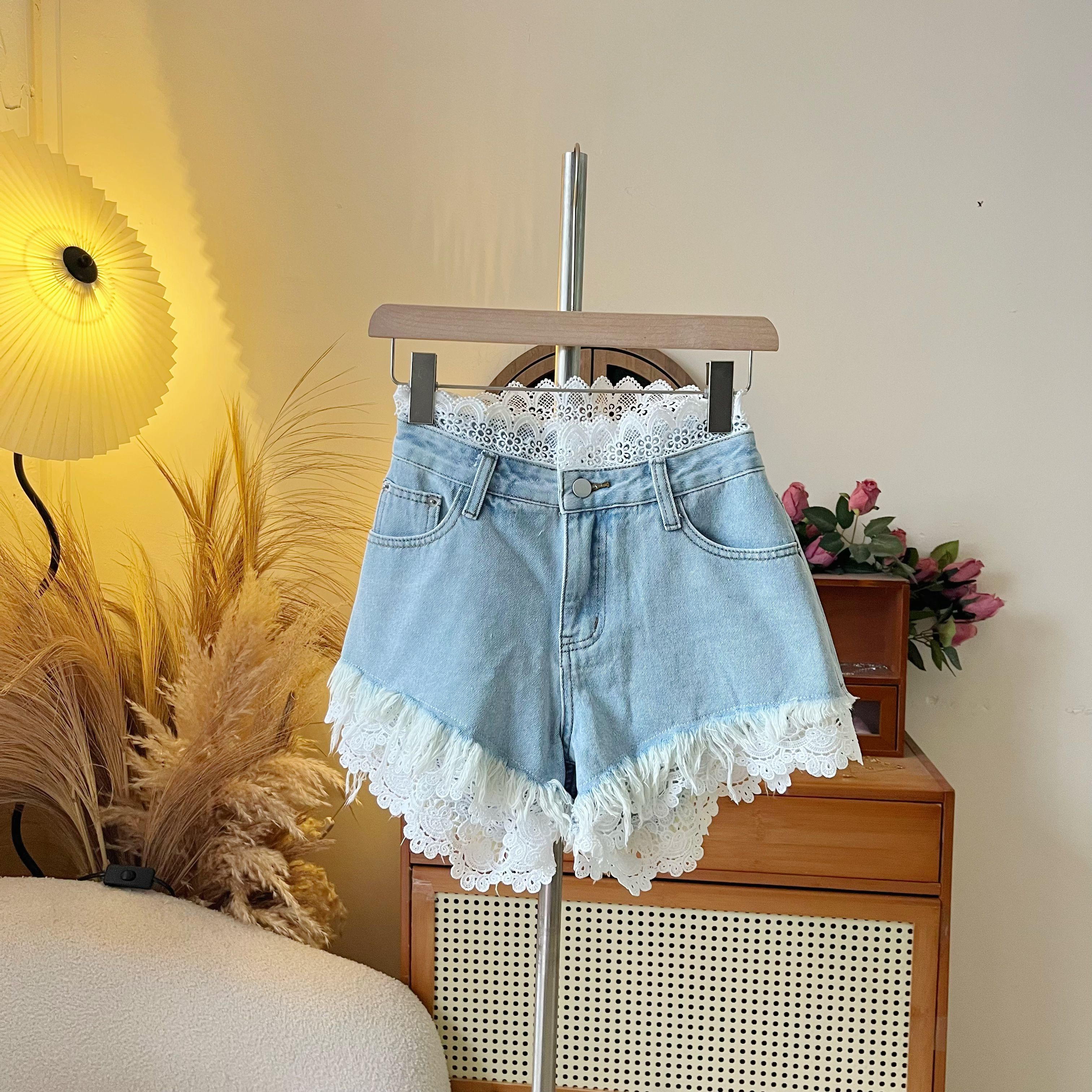 LHTE青青大码女装 夏款流苏蕾丝牛仔短裤a字牛仔裤K7838