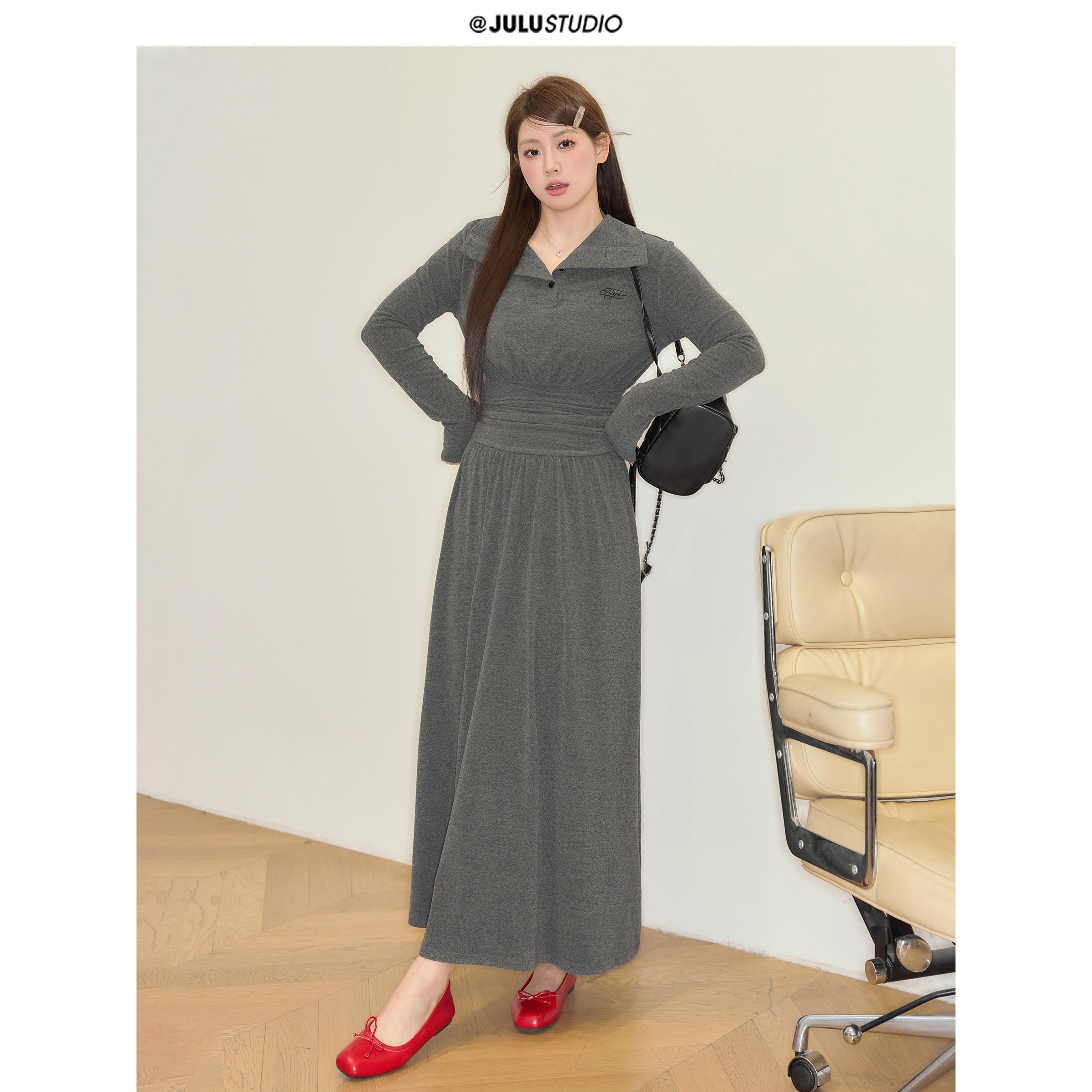 巨鹿工作室“开到茶蘼”微胖mm设计感褶皱收腰显瘦长裙大码连衣裙