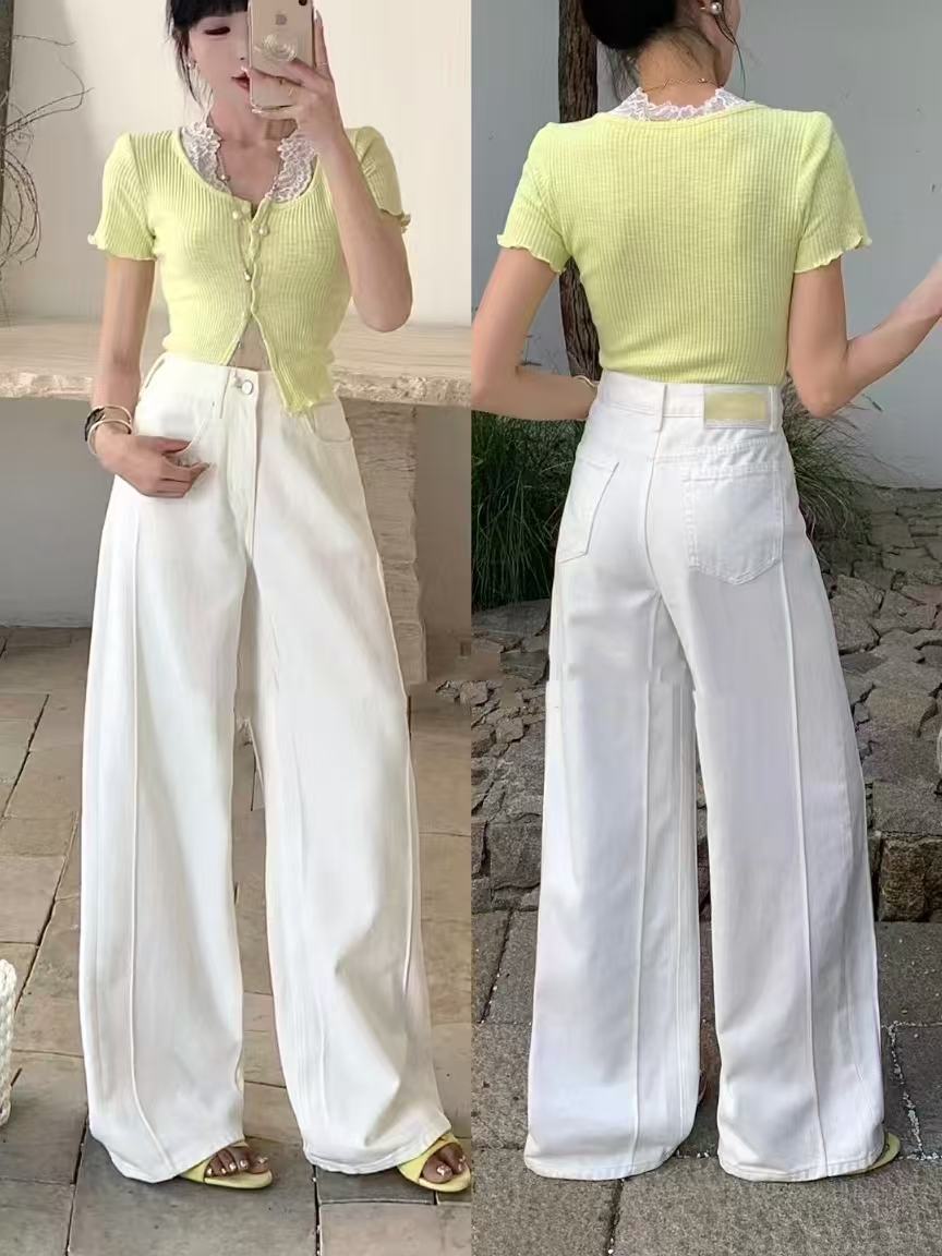 59527-60638 白色鱼骨线设计无弹阔腿牛仔裤爆款