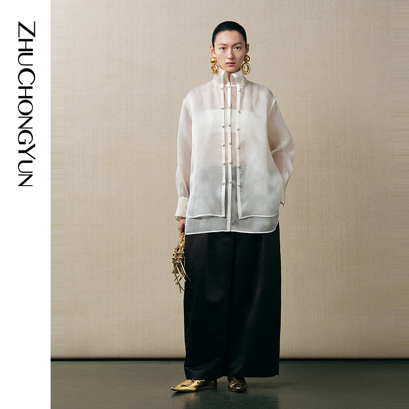 ZHUCHONGYUN2025秋新款中式欧根纱5A级桑蚕丝中长衬衫C1FZ32099