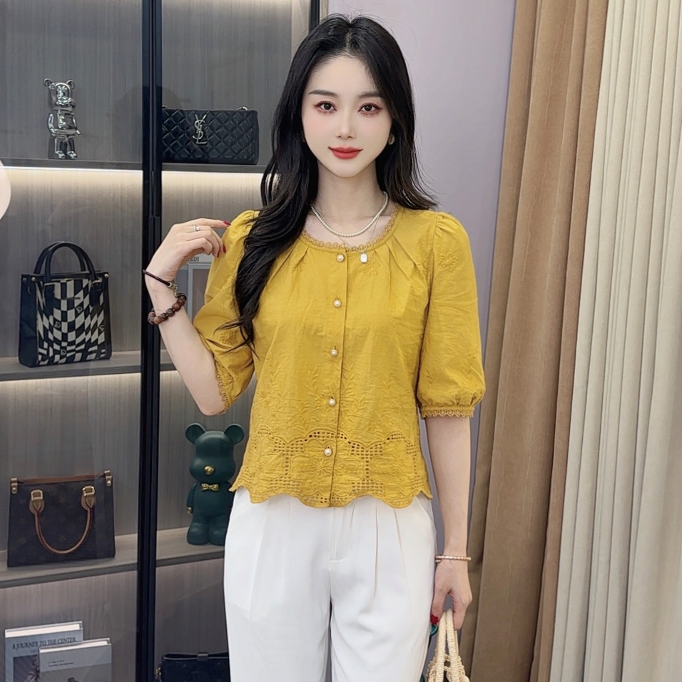 A8666夏季新款圆领衬衫女时尚洋气减龄百搭显瘦上衣