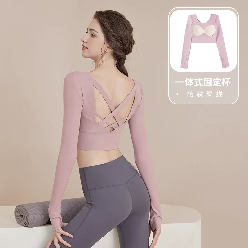 2025新款瑜伽服女秋冬长袖固定胸垫健身普拉提运动上衣训练服套装