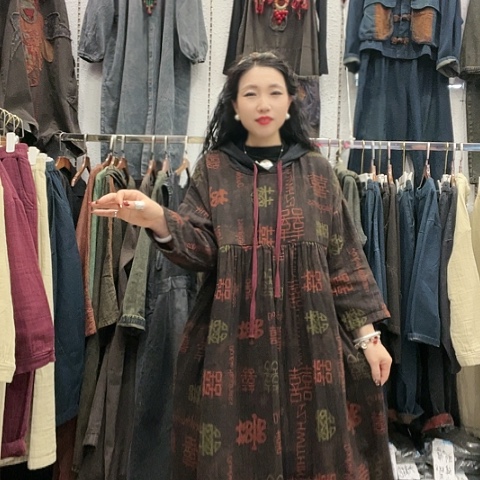 刺绣招财猫双层麻喜字长裙