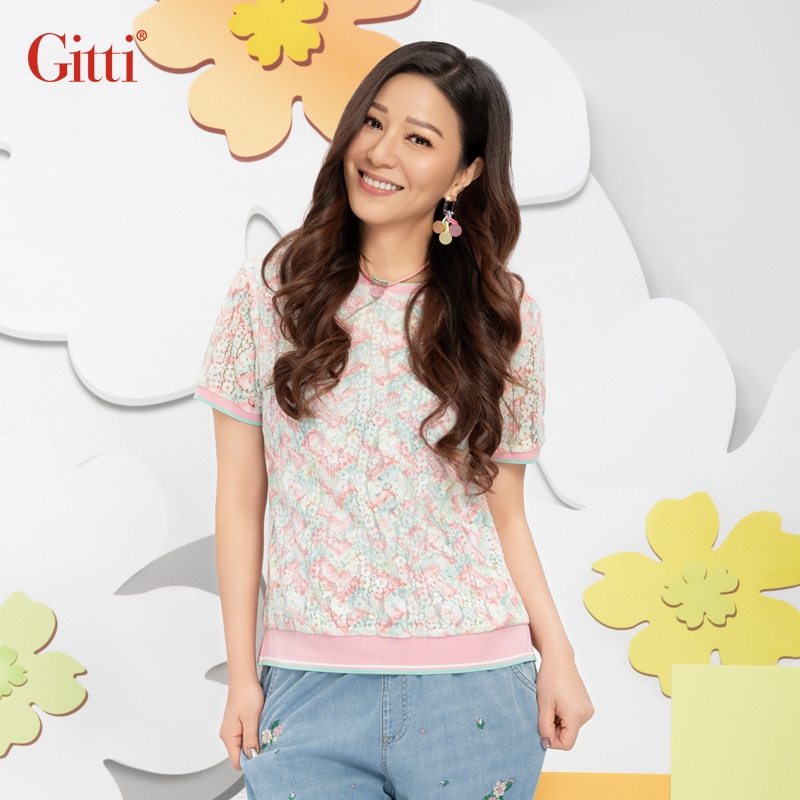 Gitti/吉蒂优雅甜美蕾丝衫女螺纹拼接棉短袖上衣G251203