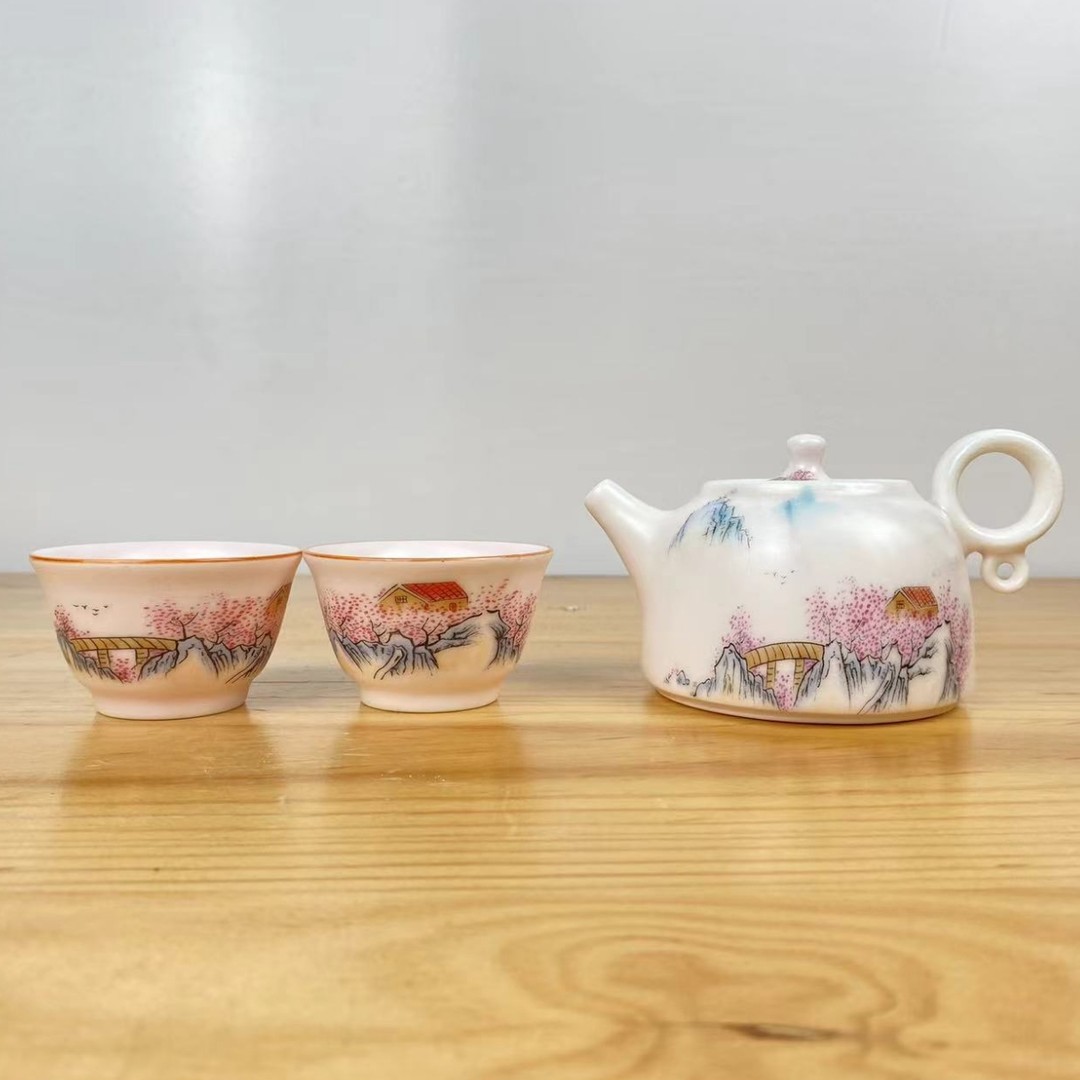 ZH2720-粉汝村野窑壶+3个粉汝村野品茗杯+密胺白色小茶盘