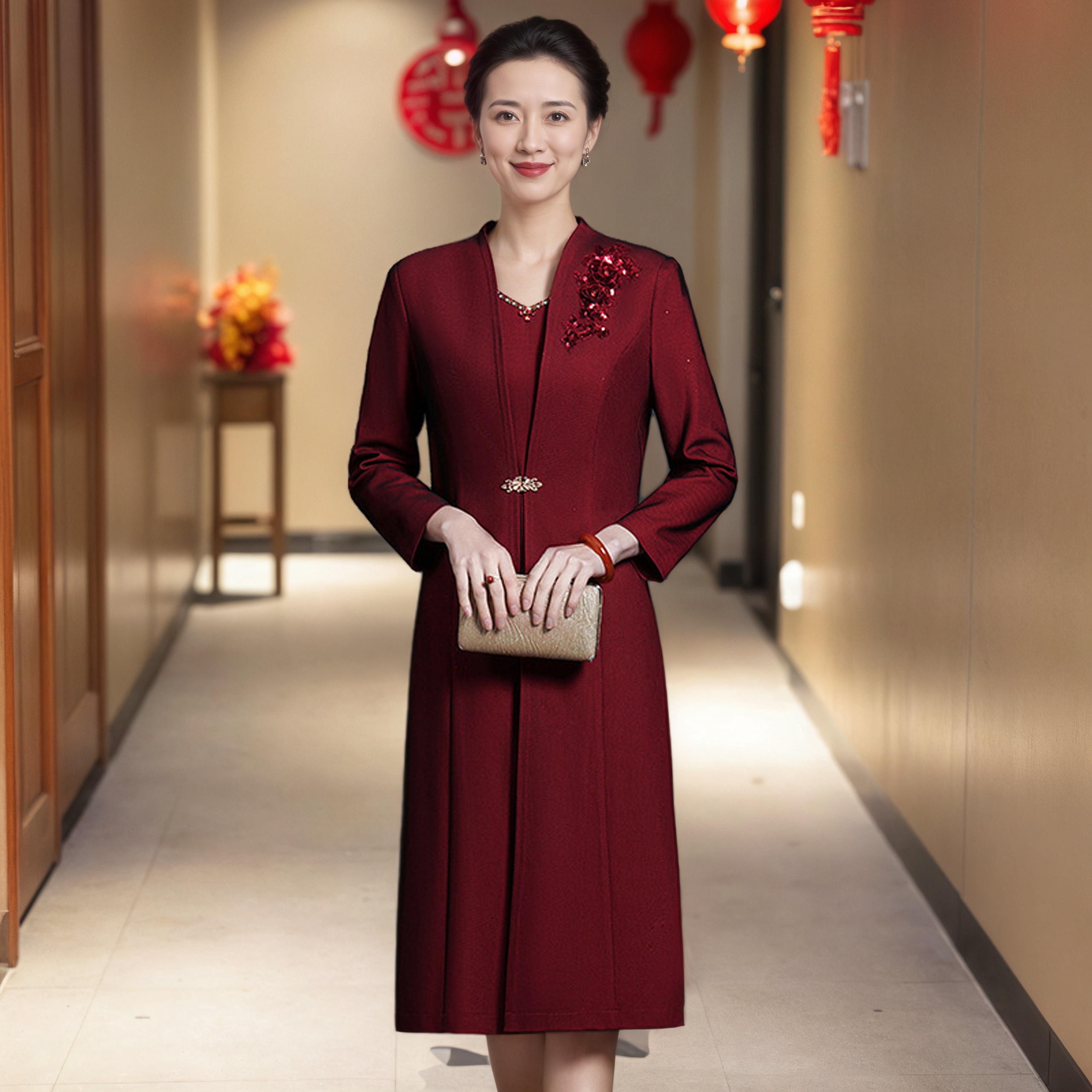 【套装】秋冬新款时尚端庄大码妈妈装D118酒红两件套婚礼服6XL加绒