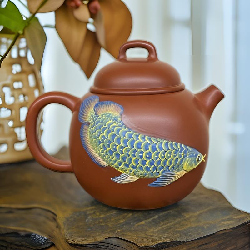 广西钦州坭兴陶茶壶手工拉坯手工堆雕金龙鱼150毫升