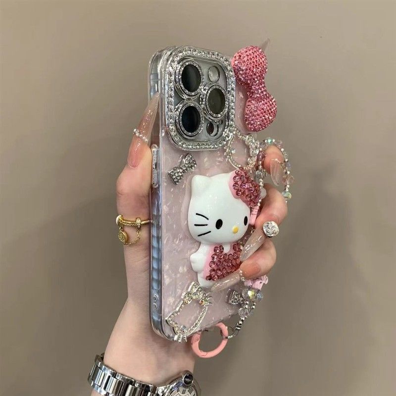 韩系立体闪钻凯蒂猫适用16ProMax苹果手机壳iPhone15pro贝壳纹14p