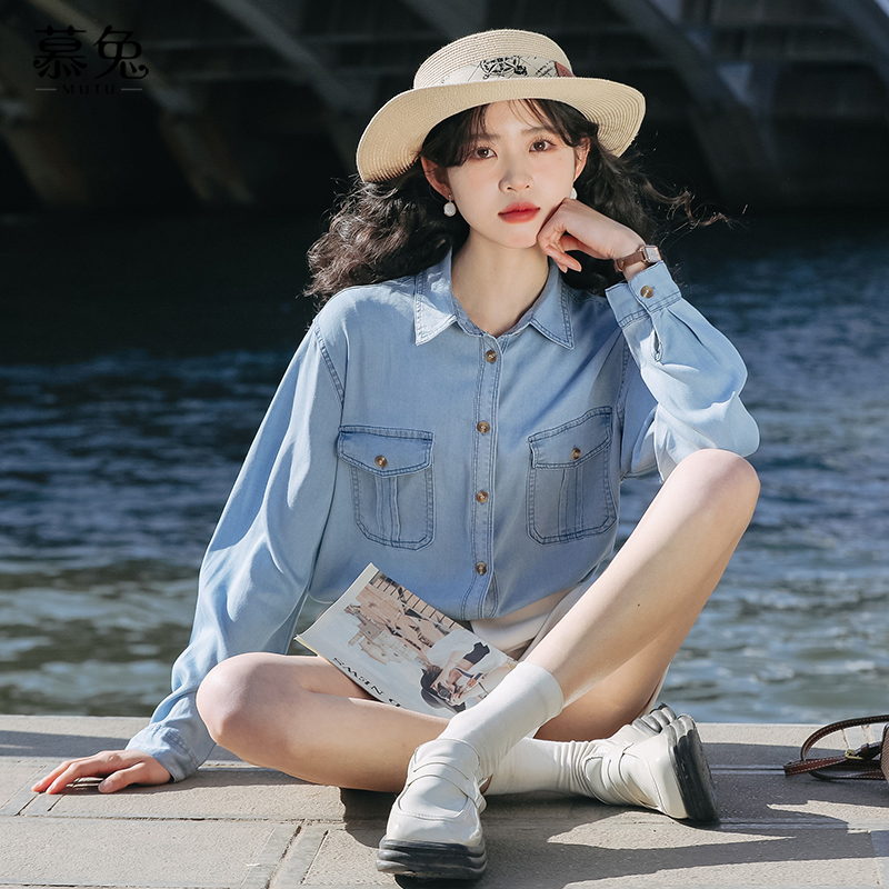 慕兔港味复古牛仔衬衫女2023年春季新款小众宽松翻领宽松长袖衬衣