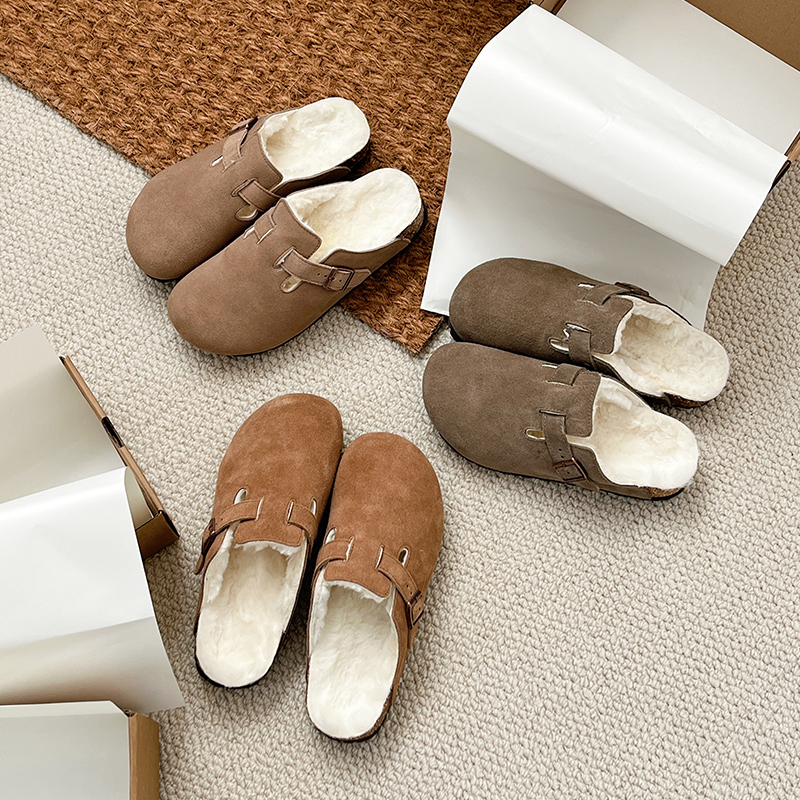 羊皮毛一体半包勃肯女鞋加绒真皮软木一脚蹬秋冬毛毛包头拖鞋