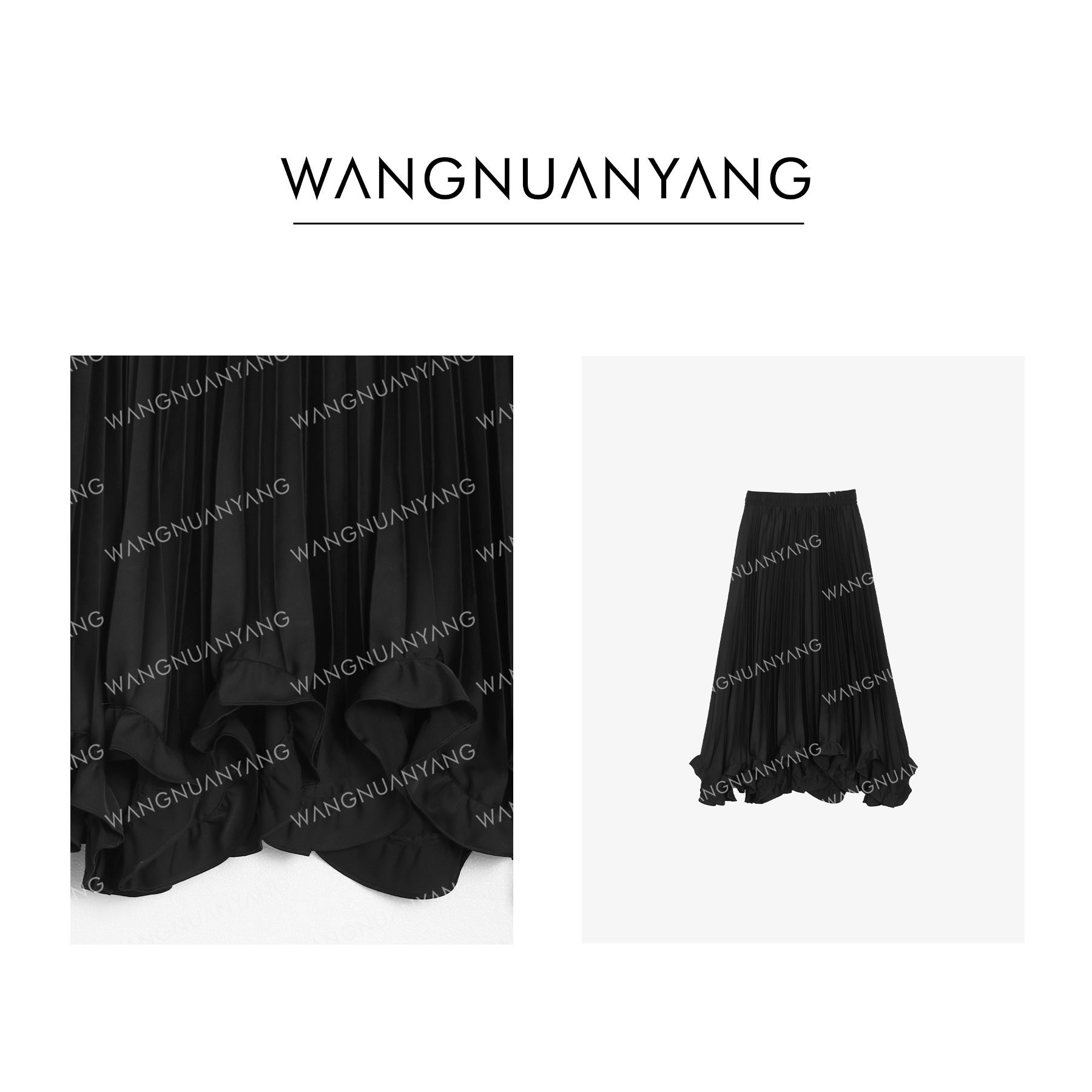 【WNY】墨染|设计感花瓣荷叶边下摆重工风琴褶松紧腰半身裙