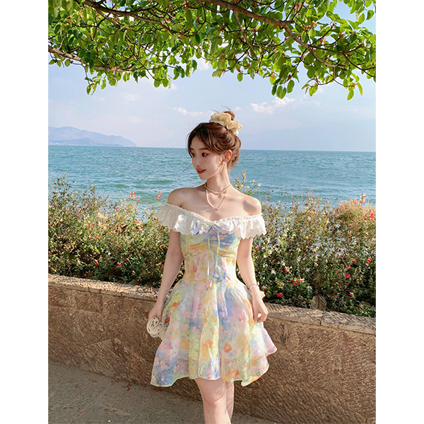 多巴胺油画碎花小飞袖连衣裙女夏季新款小个子a字公主短裙子1621