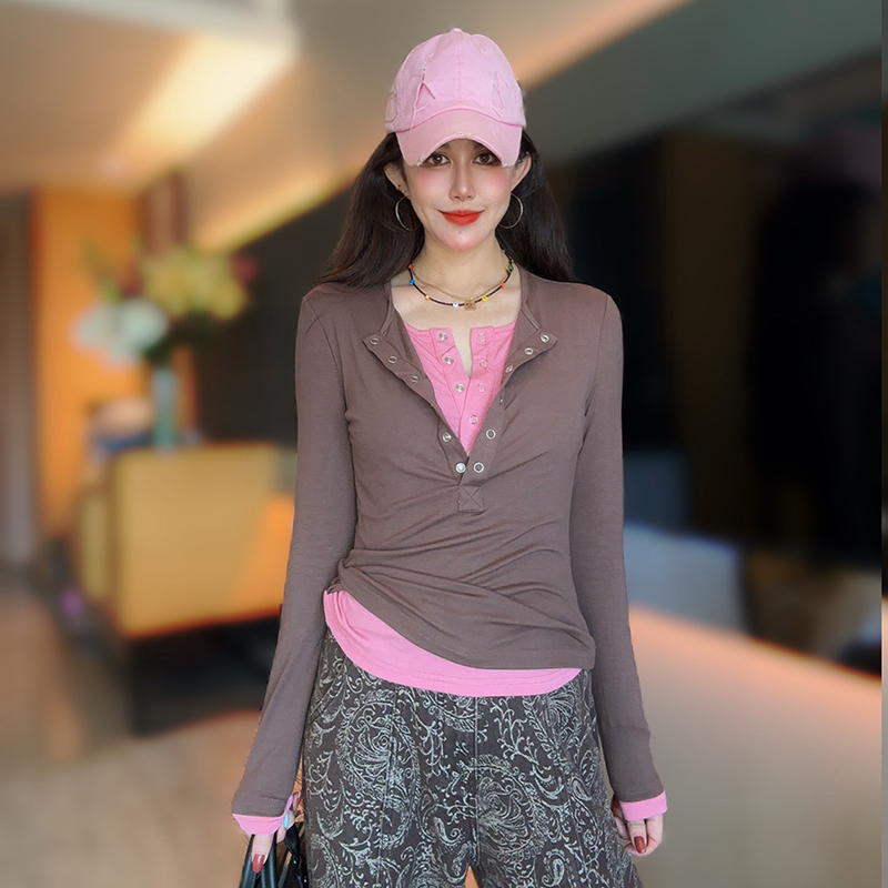 秋季新款时尚圆领长袖假两件T恤女修身显瘦亨利衫百搭打底衫内搭