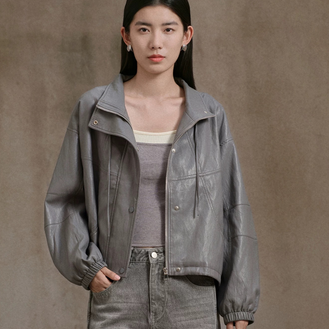 阿依莲休闲短款皮衣外套女25秋季新款气质百搭上衣