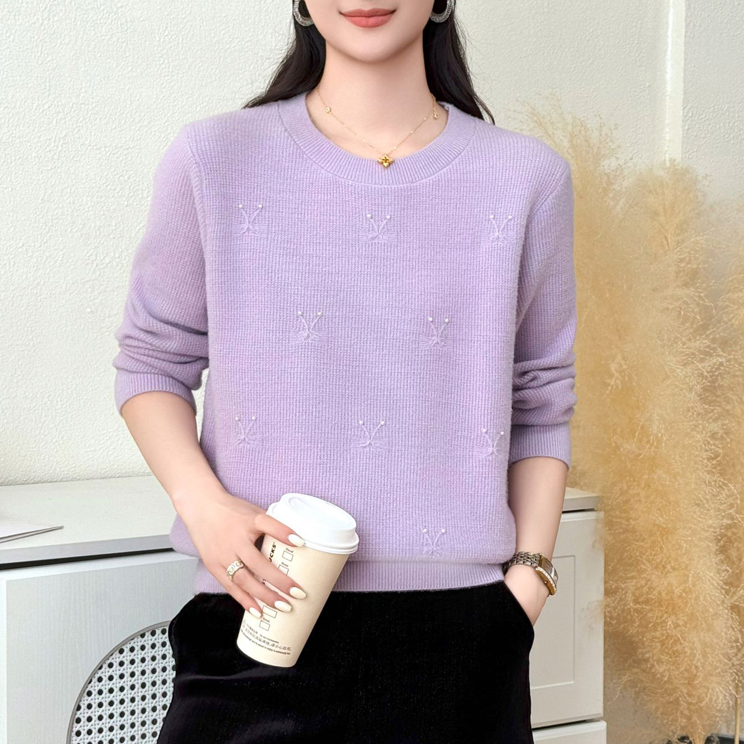 苏醒的乐园秋季新款套头毛衣女钉珠SXMY53163圆领显瘦百搭宽松