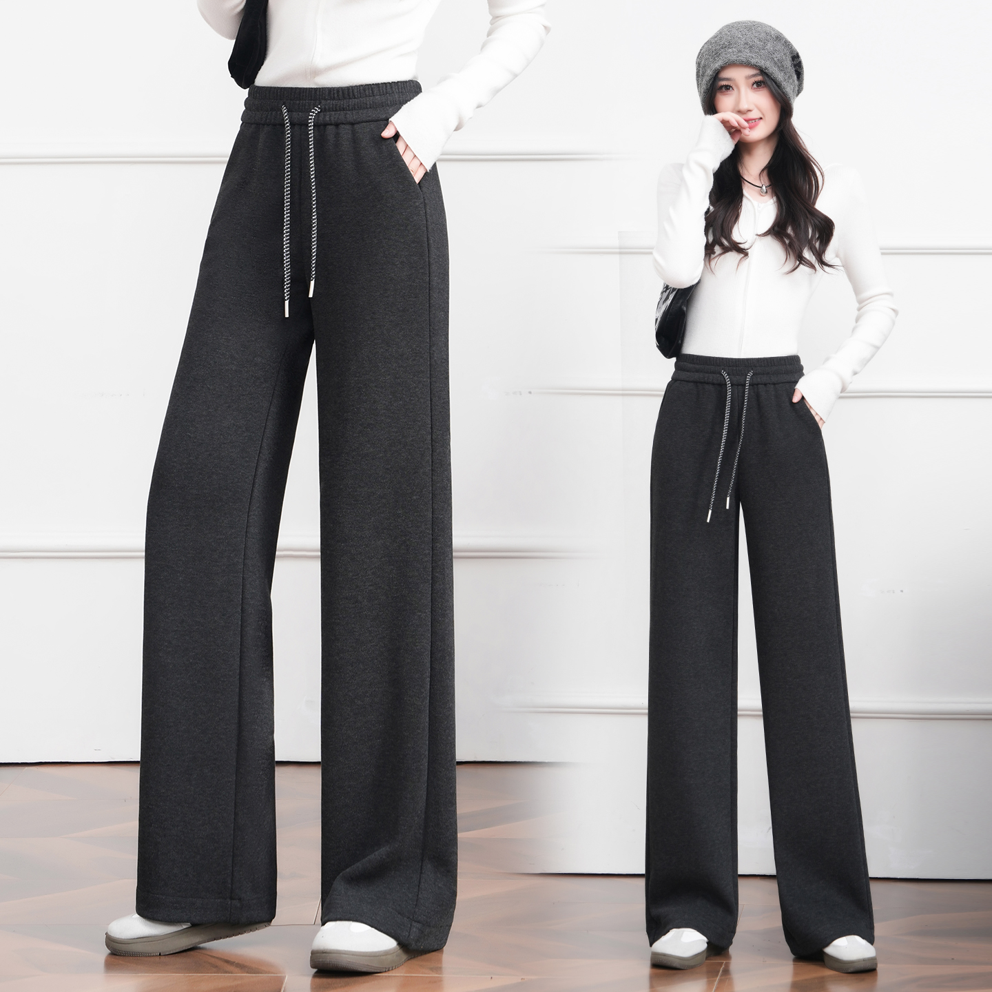 休闲垂感加绒加厚糯米裤女2025冬季新款极简风毛呢裤窄版阔腿裤女
