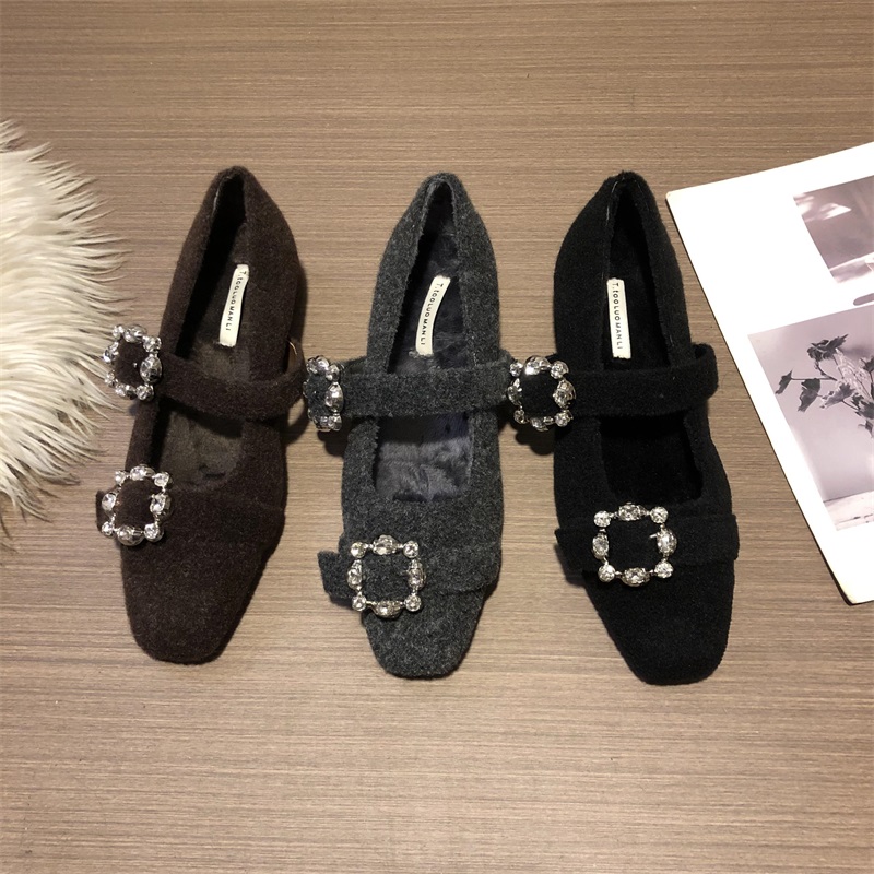 单鞋方头搭扣瓢鞋平底鞋网红春季粗跟冬季水钻秋冬