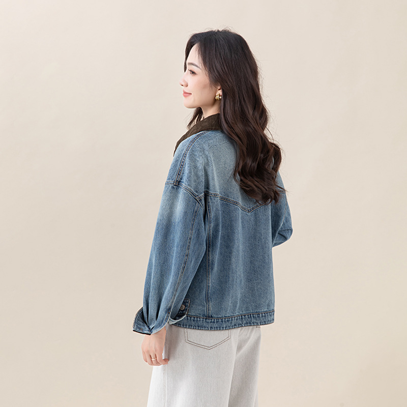 灯芯绒翻领拼接女复古牛仔上衣女秋宽松显瘦渐变休闲外套8365496