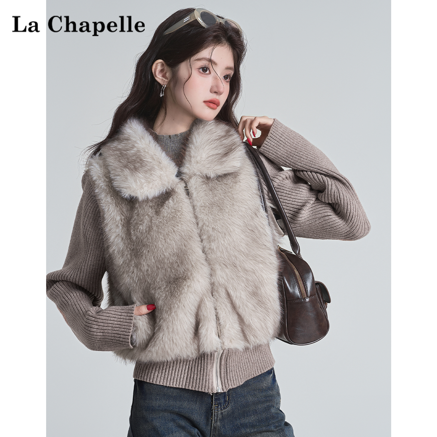 拉夏贝尔假两件毛领拼接毛衣外套女冬季气质修身收腰针织开衫上衣