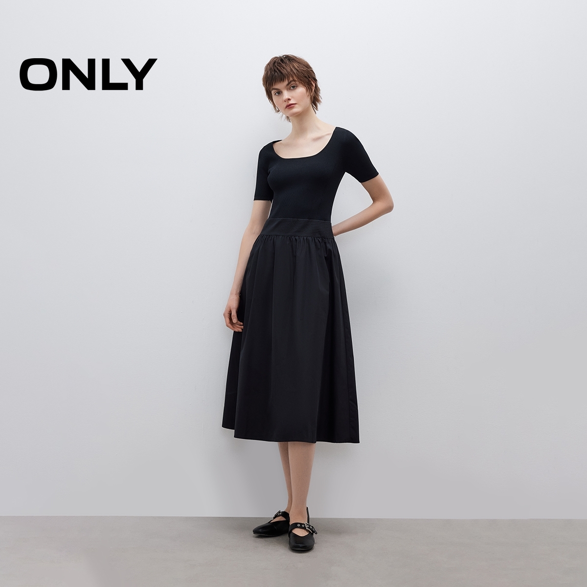 ONLY2025秋季新款优雅气质纯色拼接中长款连衣裙女|125107107