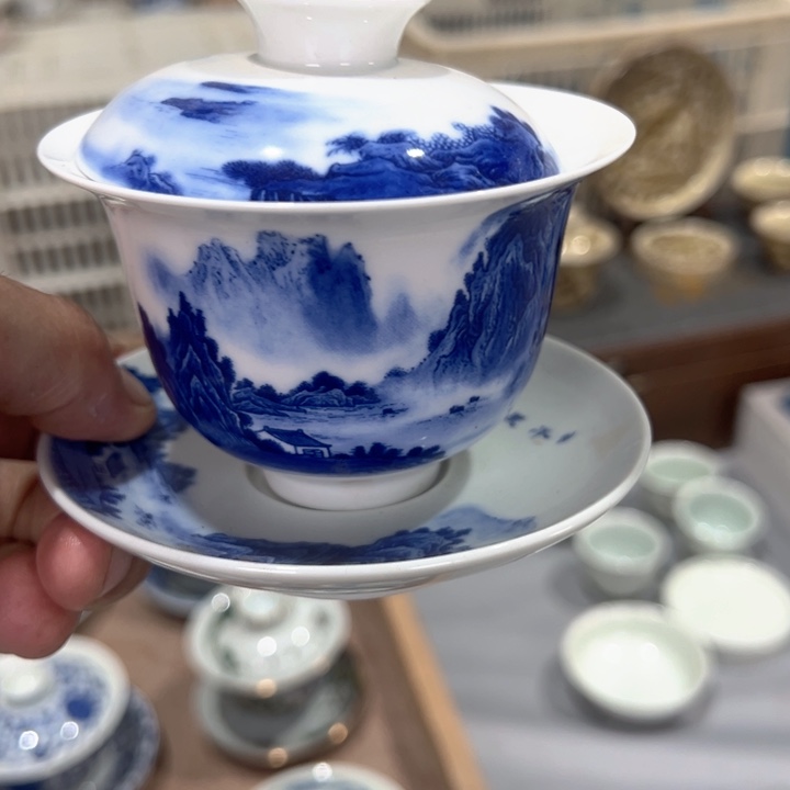 瓷片白青花千里江山成香盖碗微瑕