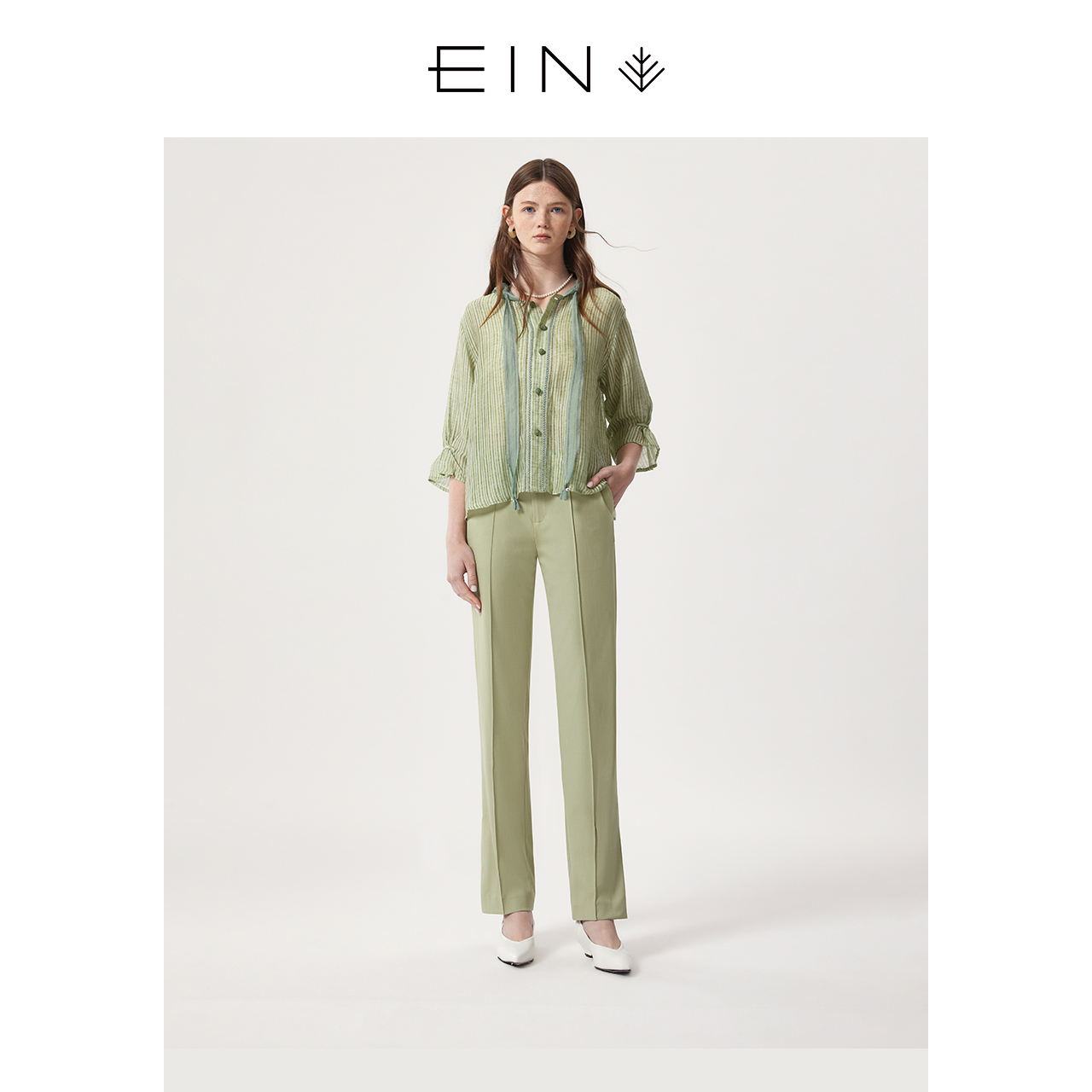 EIN/言文艺复古通勤微喇直筒纯色修身显瘦阔腿休闲裤