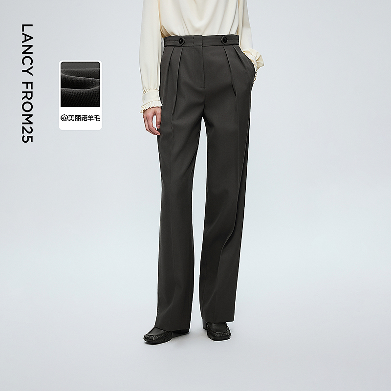 朗姿100纯羊毛西装裤通勤百搭OL简约复古裤子女2025年冬季新款