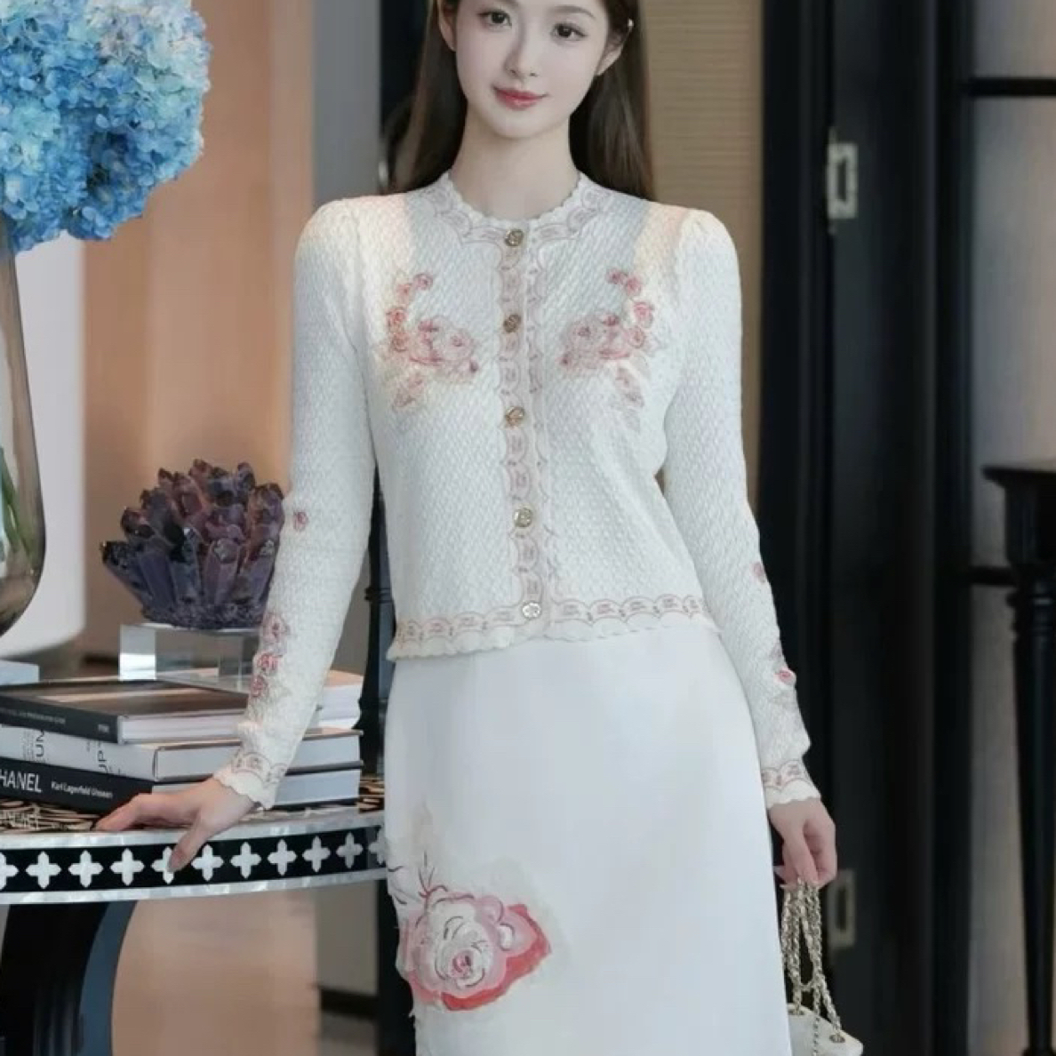 花颜玛克商场同款2026春季新款设计感毛针织开衫上衣洋气套装