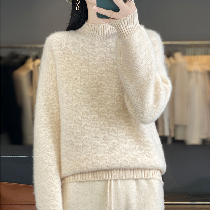 孤傲优雅~新款七针加厚蝴蝶结纹长袖套头100纯羊毛衫女百搭针织衫