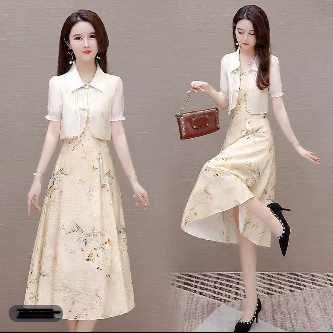 A1986 夏季新款中式国风碎花盘扣拼接吊带连衣裙两件套