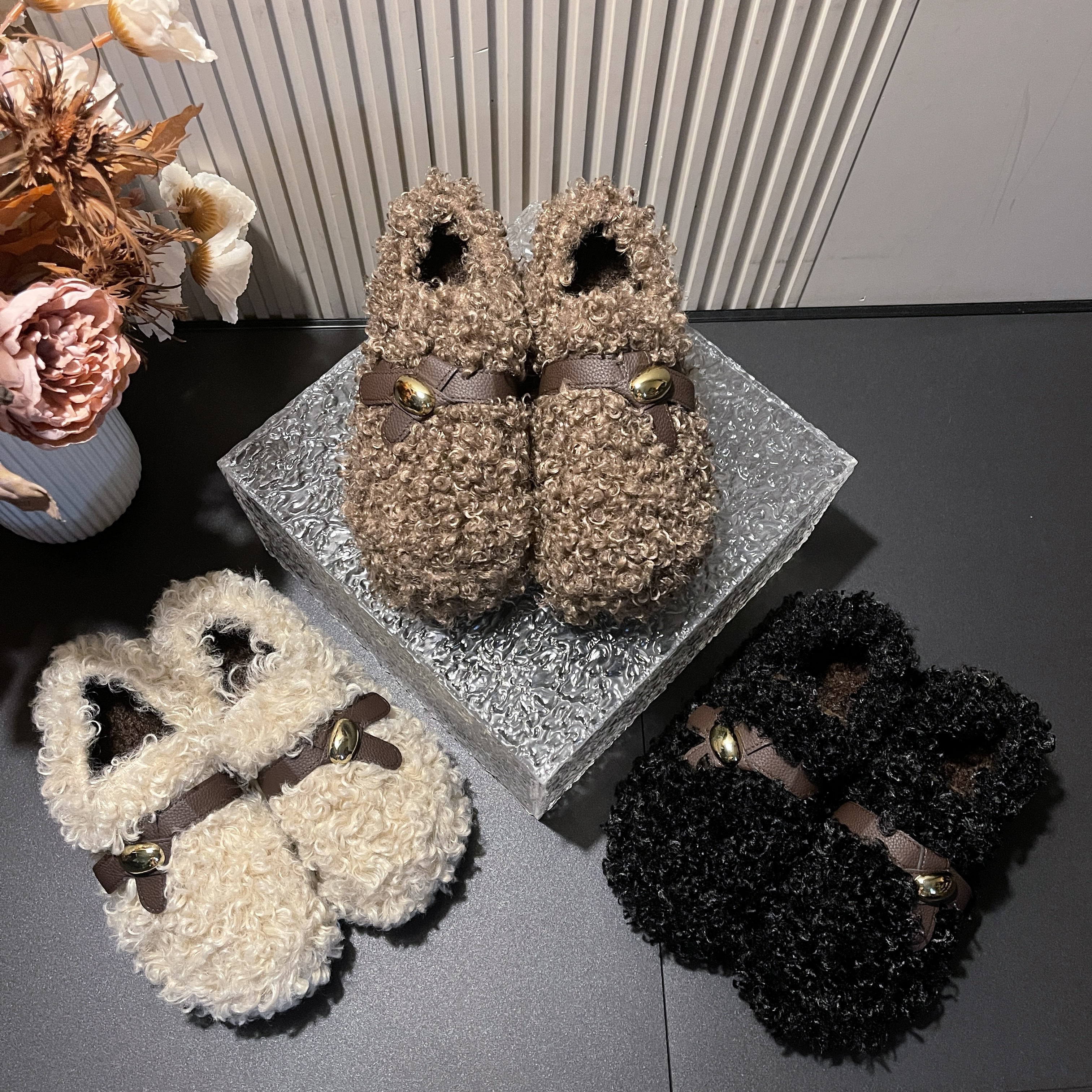 2025冬季新款百搭小金豆泰迪毛加绒气质款女保暖爆款毛毛拖鞋-6CM