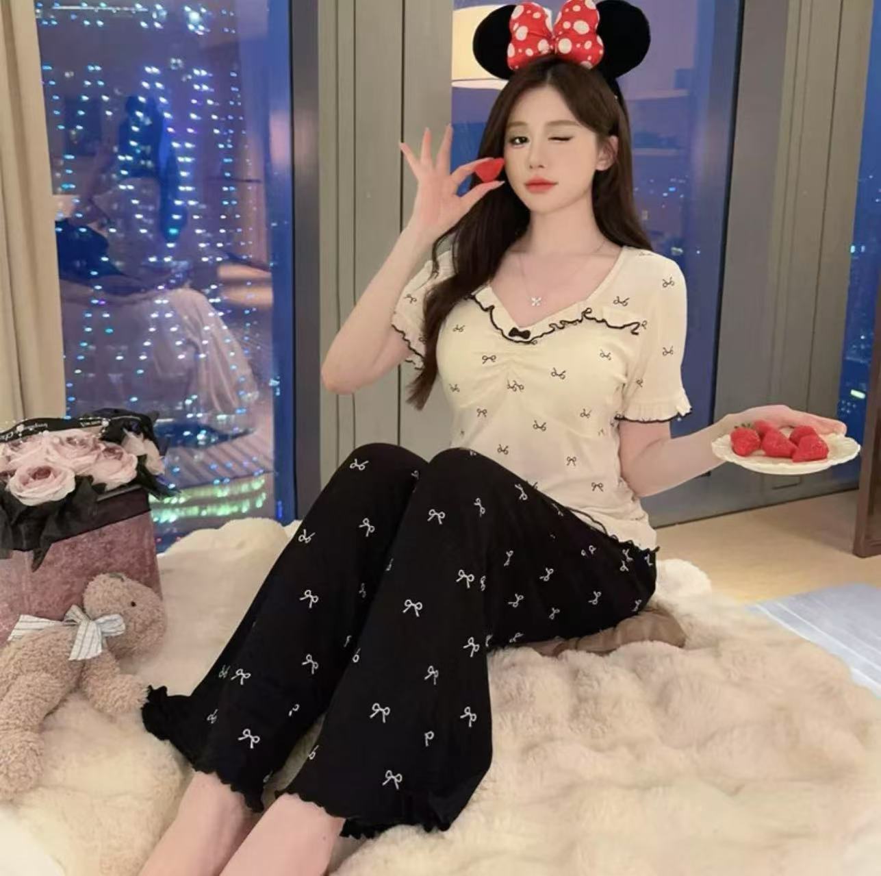 2025春季新款设计感小众睡衣修身蝴蝶结套装甜美女时尚高级家居服