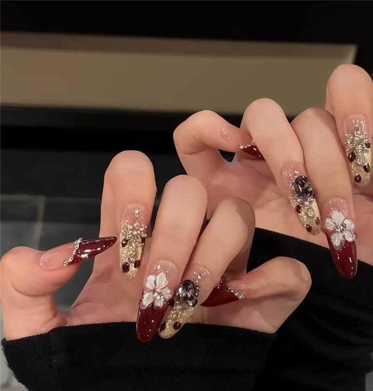 氛围酒红】法式红色带钻高级感手工穿戴甲时尚气质显白百搭