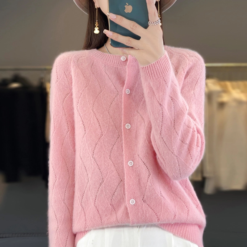 精致镂空~100纯羊毛针织开衫女时尚圆领打底衫外套显瘦 JG-809