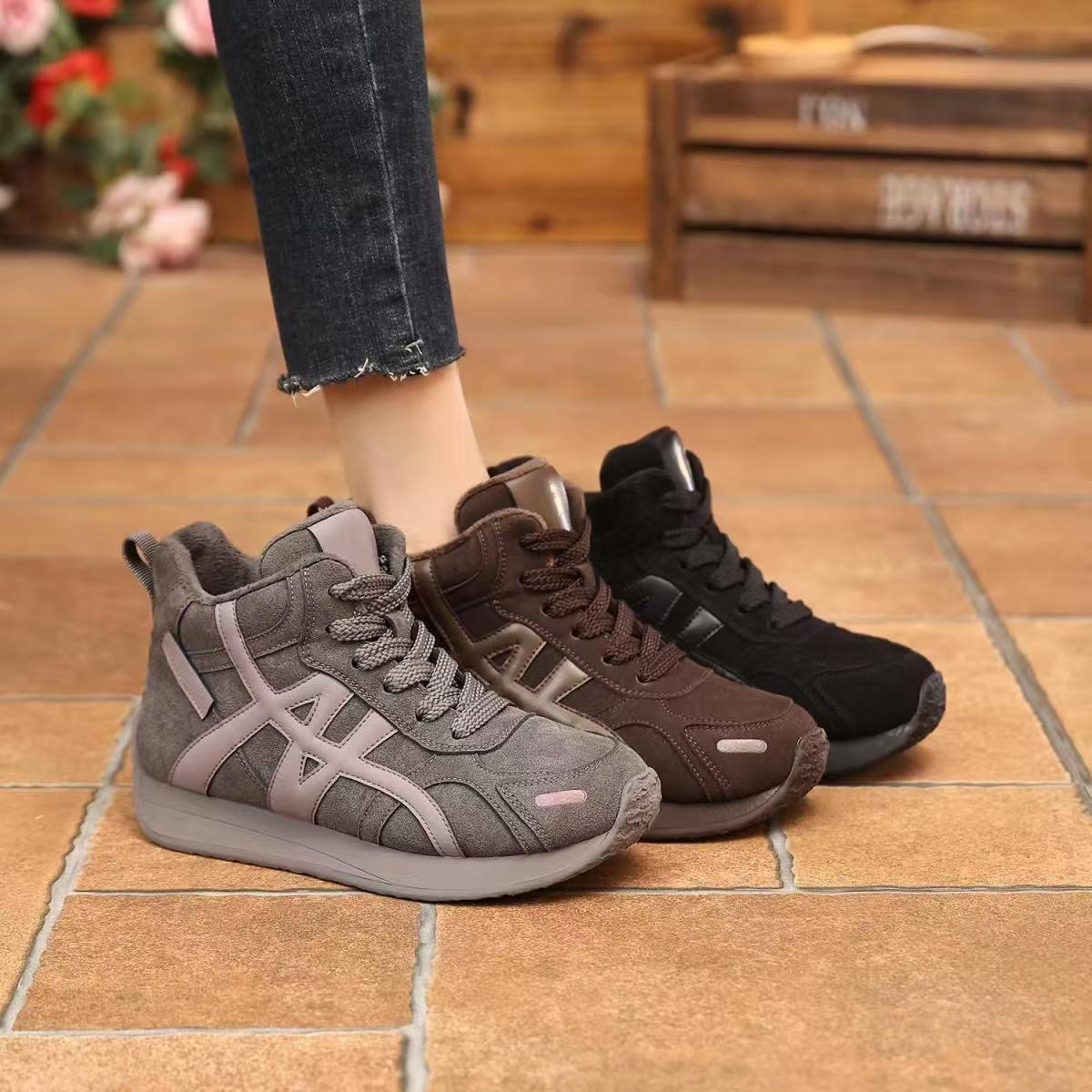 冬季加绒高帮运动鞋女复古拼色保暖棉鞋软底防滑休闲阿甘鞋1418