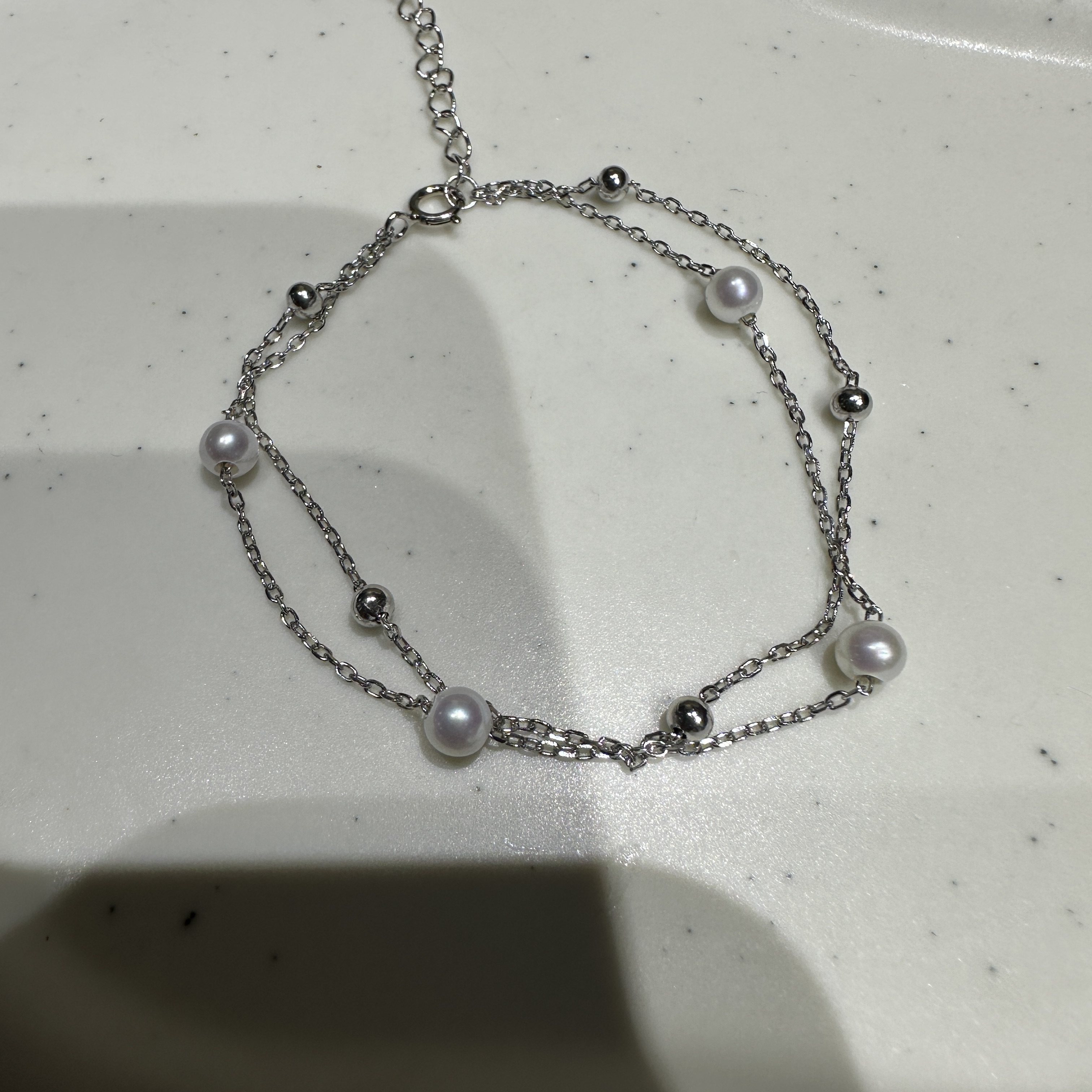 【A80】s925银4-5mm淡水珍珠双圈满天星手链