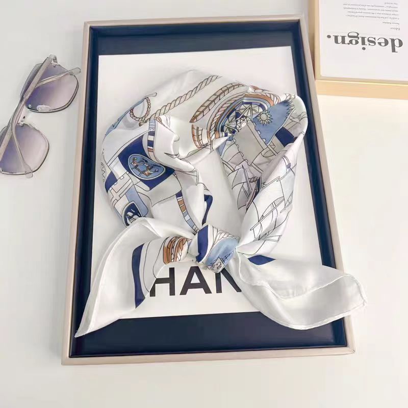 专属桑蚕丝单面白色帆船65方巾女士真丝丝巾围巾时尚百搭C036