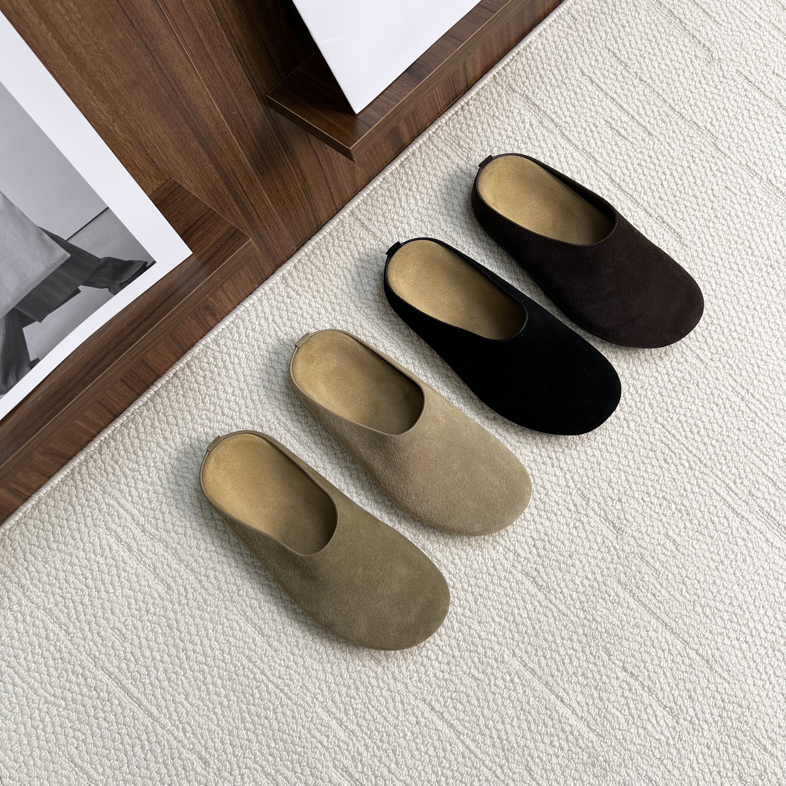 正确版油边！极简风高丝光牛反绒皮女士穆勒鞋一脚蹬平底百搭拖鞋