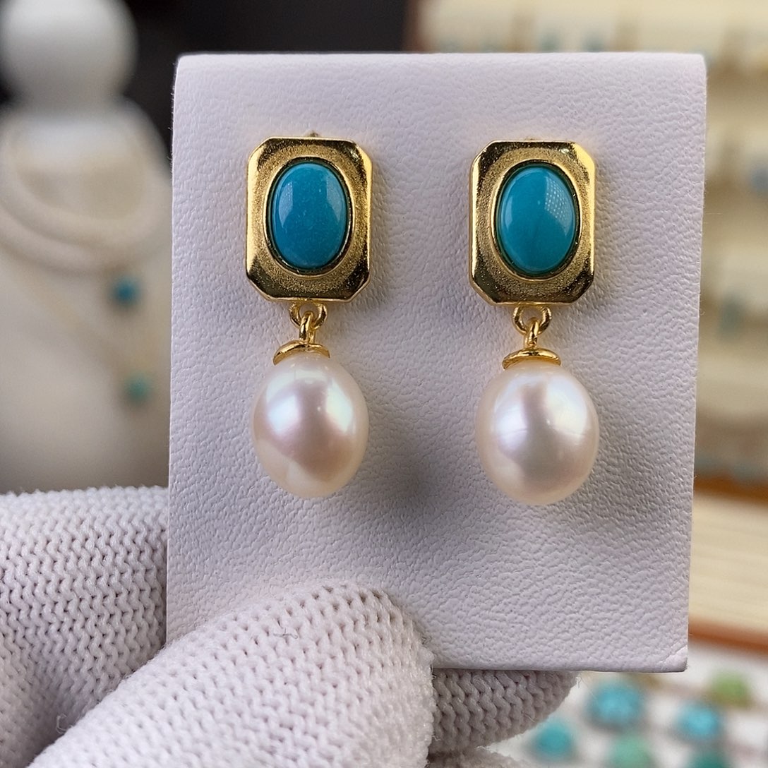 绿松石耳饰银S925镶嵌