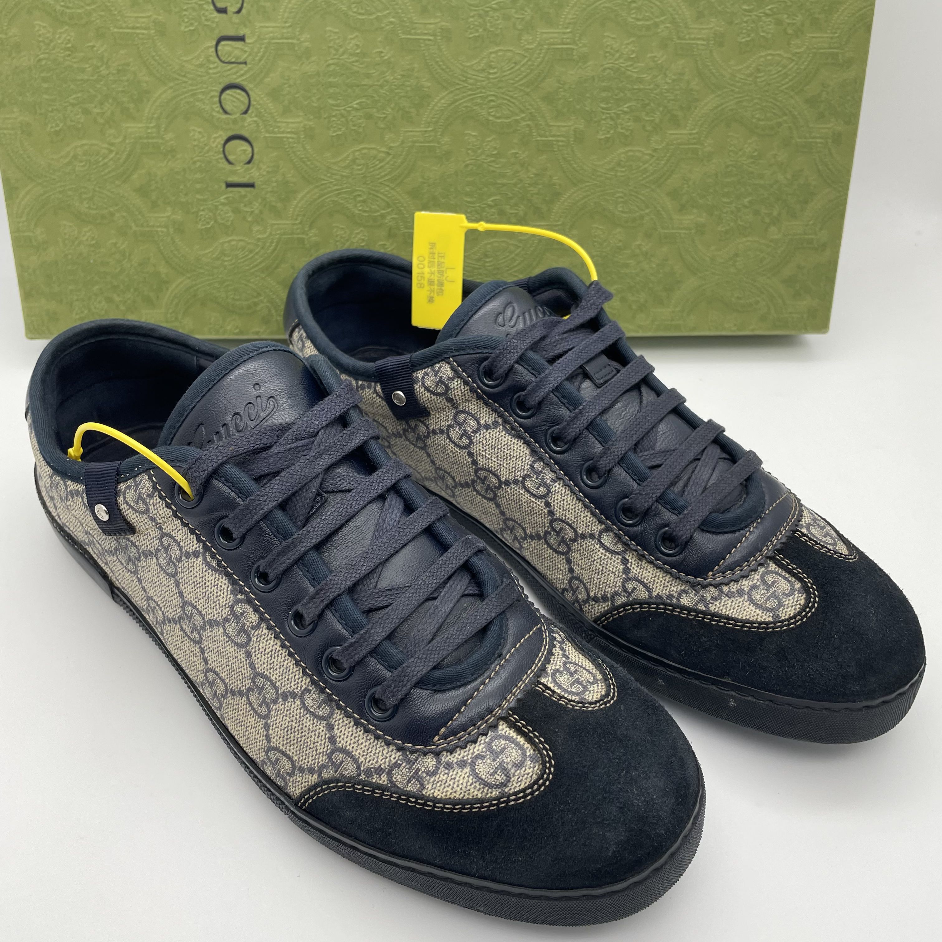 95新 GUCCI/古驰 39.5欧码/海军蓝双G老花低帮系带休闲德训板鞋
