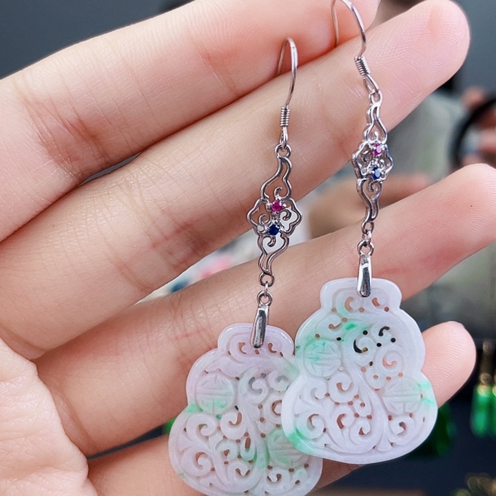 翡翠耳饰银S925镶嵌饰品