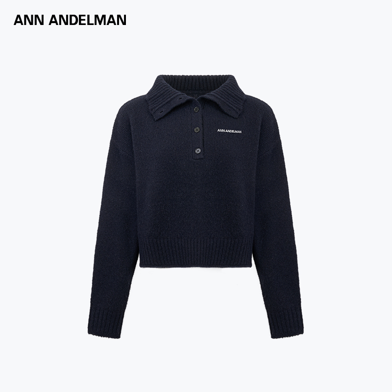 ANN ANDELMAN 25秋 时尚设计翻领短款三粒扣半开襟套头毛衫
