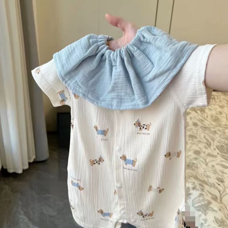 夏季婴儿可爱小狗短袖连体衣围嘴可拆纱布连体
