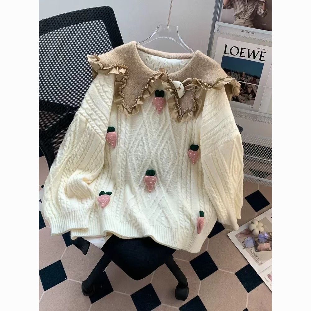 A51-A100阔版娃娃领宽松毛针织衫毛衣甜美打底百搭秋冬加厚开衫