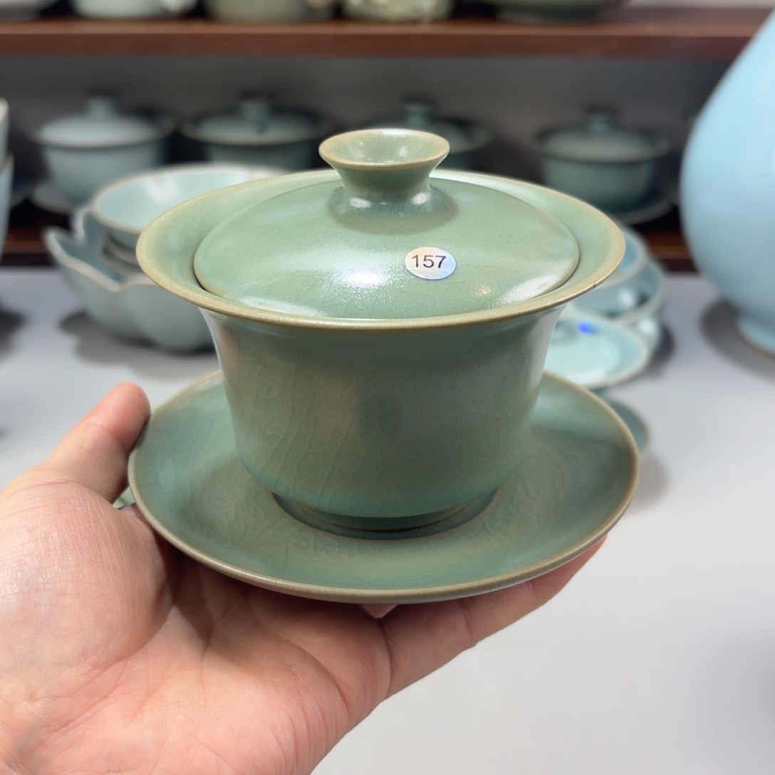 摆件瓷柴窑仿古釉三才马蹄盖碗编号157