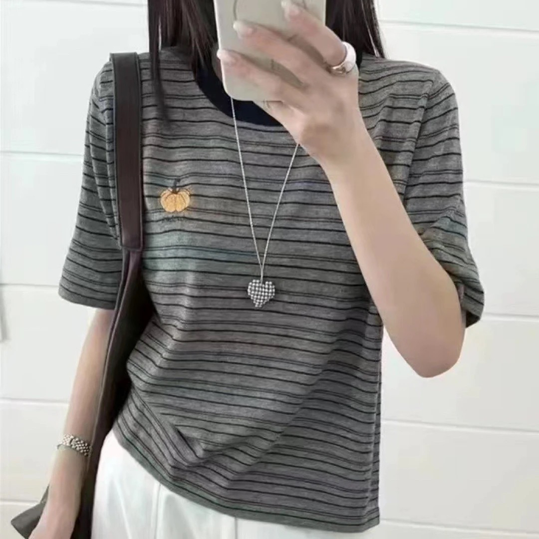 中袖刺绣条纹南瓜棉t女秋季新款休闲2025女