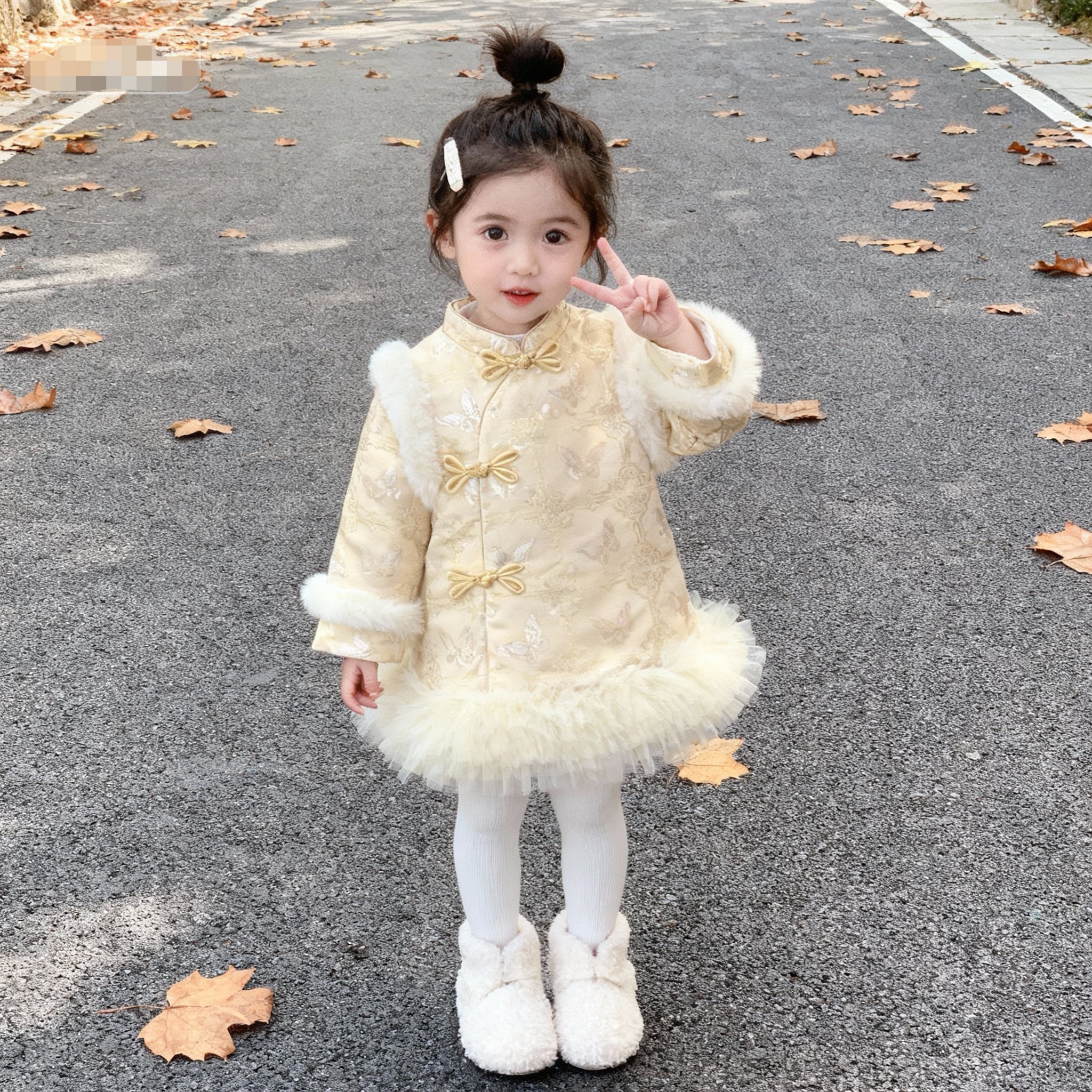 女童加绒拜年服宝宝新中式加厚唐装国风连衣裙中小童拜年周岁裙子