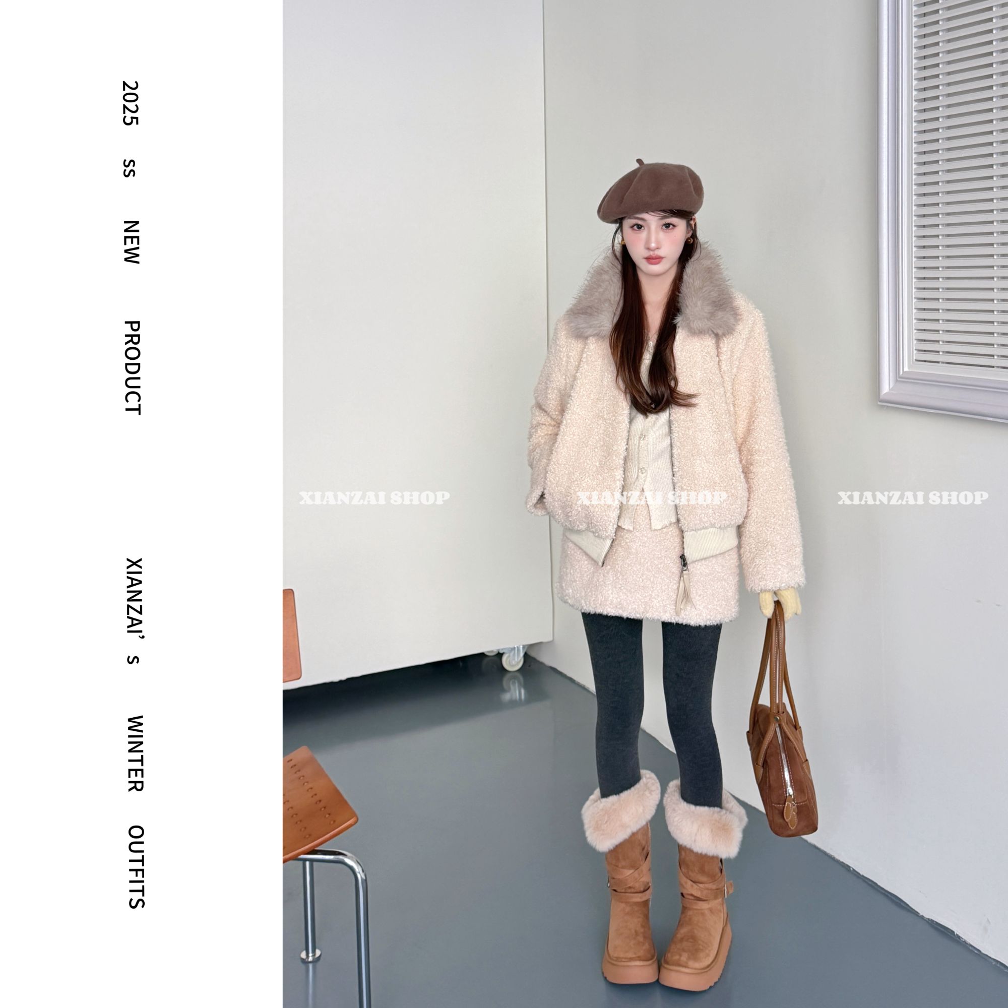 XIANZAI【小绵羊】冬季新款保暖翻毛领圈圈毛呢羽绒服短裙两件套装
